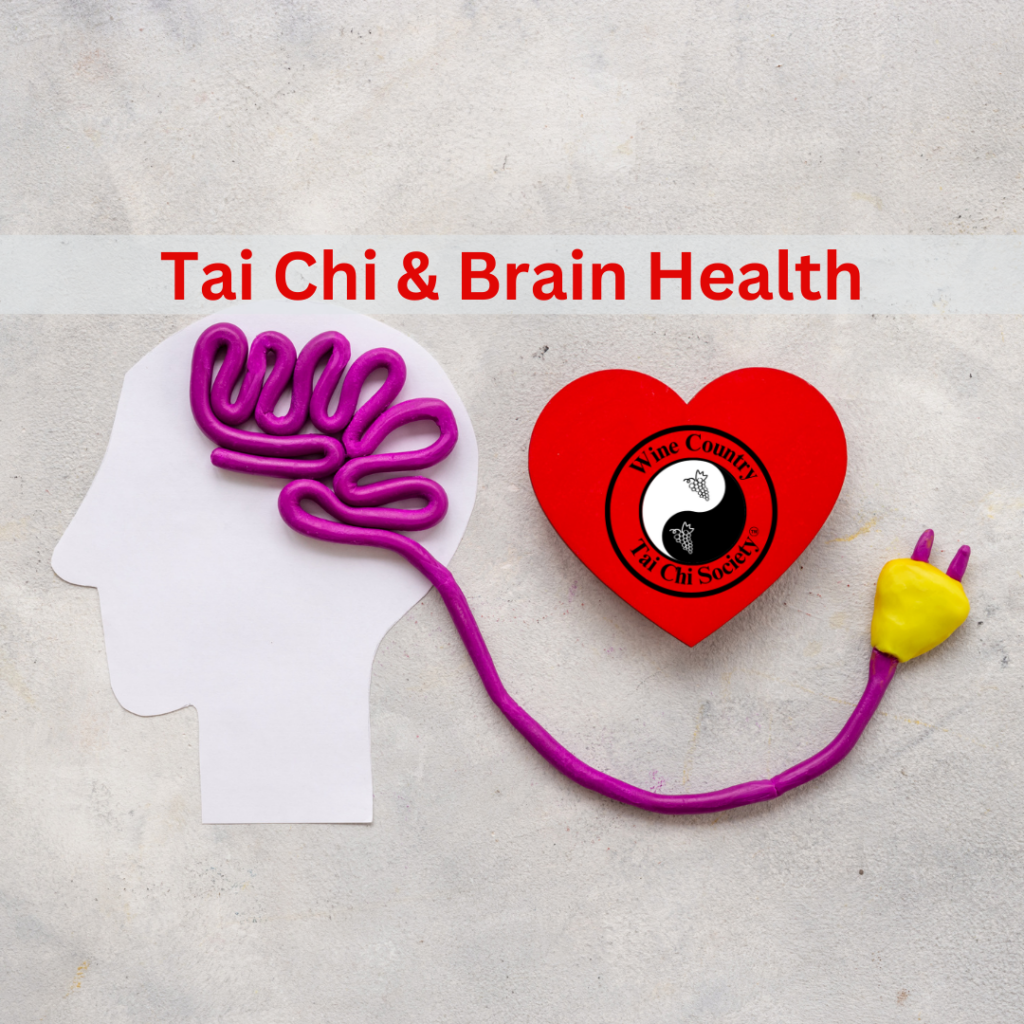 a paper face with an electrical cable for the brain and a plug going across to underneith a heart, banner says Tai chi and Brain Health and the wine country Tai Chi logo in the heart